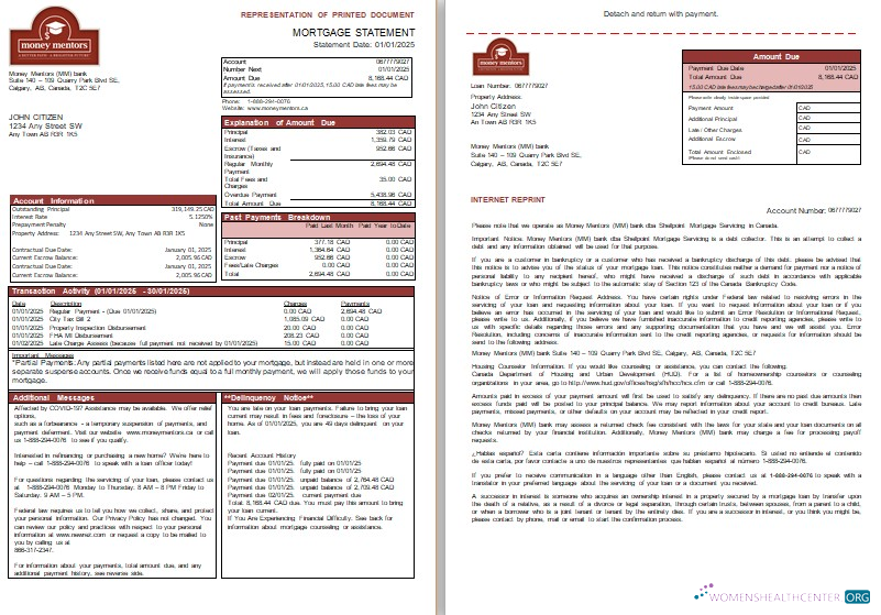 Download Canada Money Mentors (MM) bank mortgage statement, 3 pages, 1 2 scr Photoshop template
